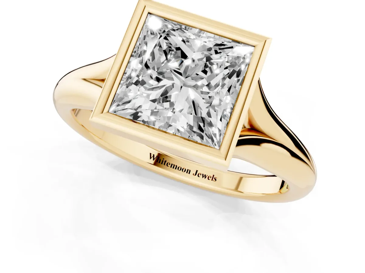 Bezel Set Princess Cut Solitaire Diamond Ring with Smooth Band Yellow gold