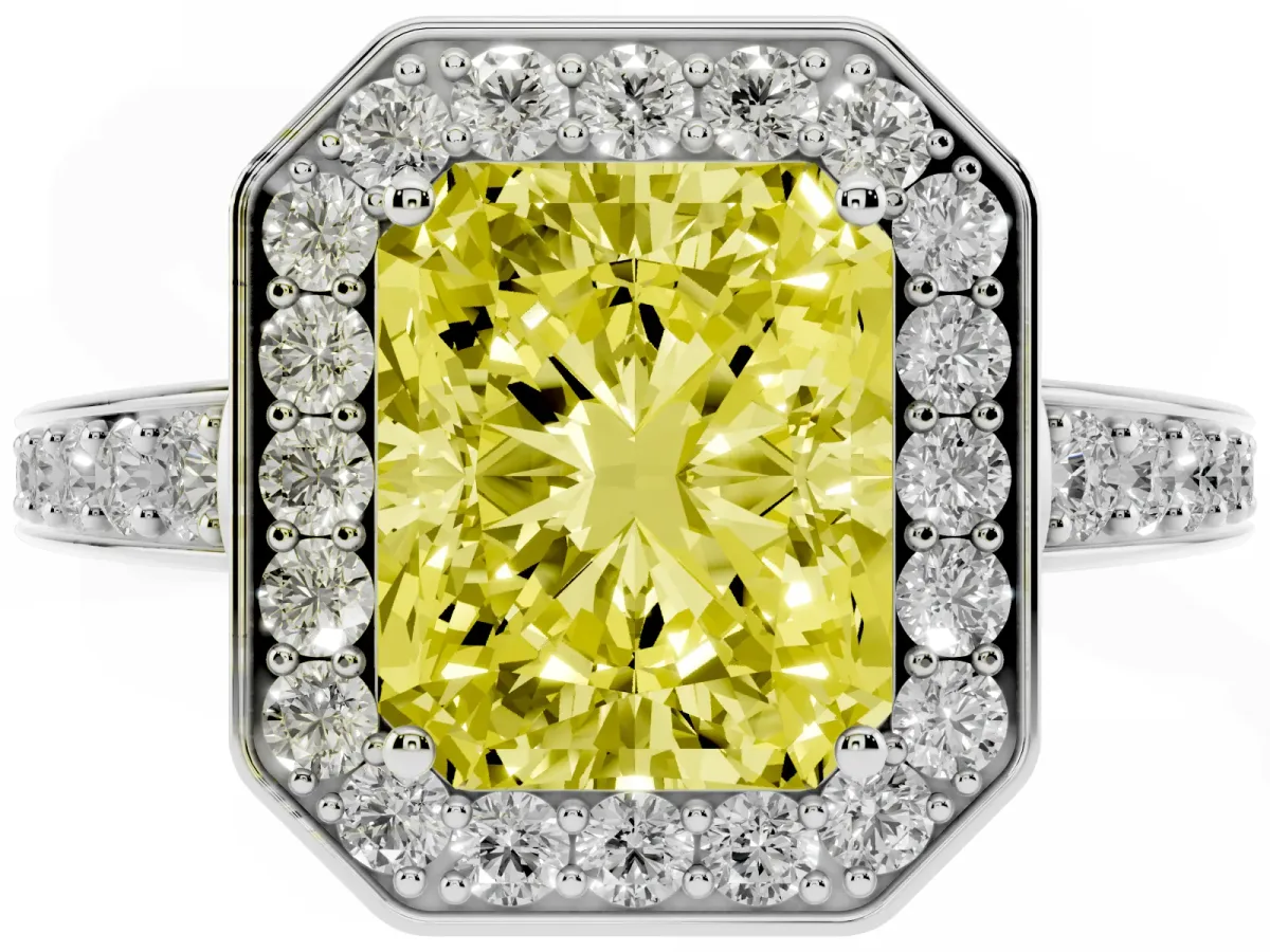 Fancy Yellow Radiant Cut Halo Pavé Diamond Engagement Ring with Bezel Setting Silver
