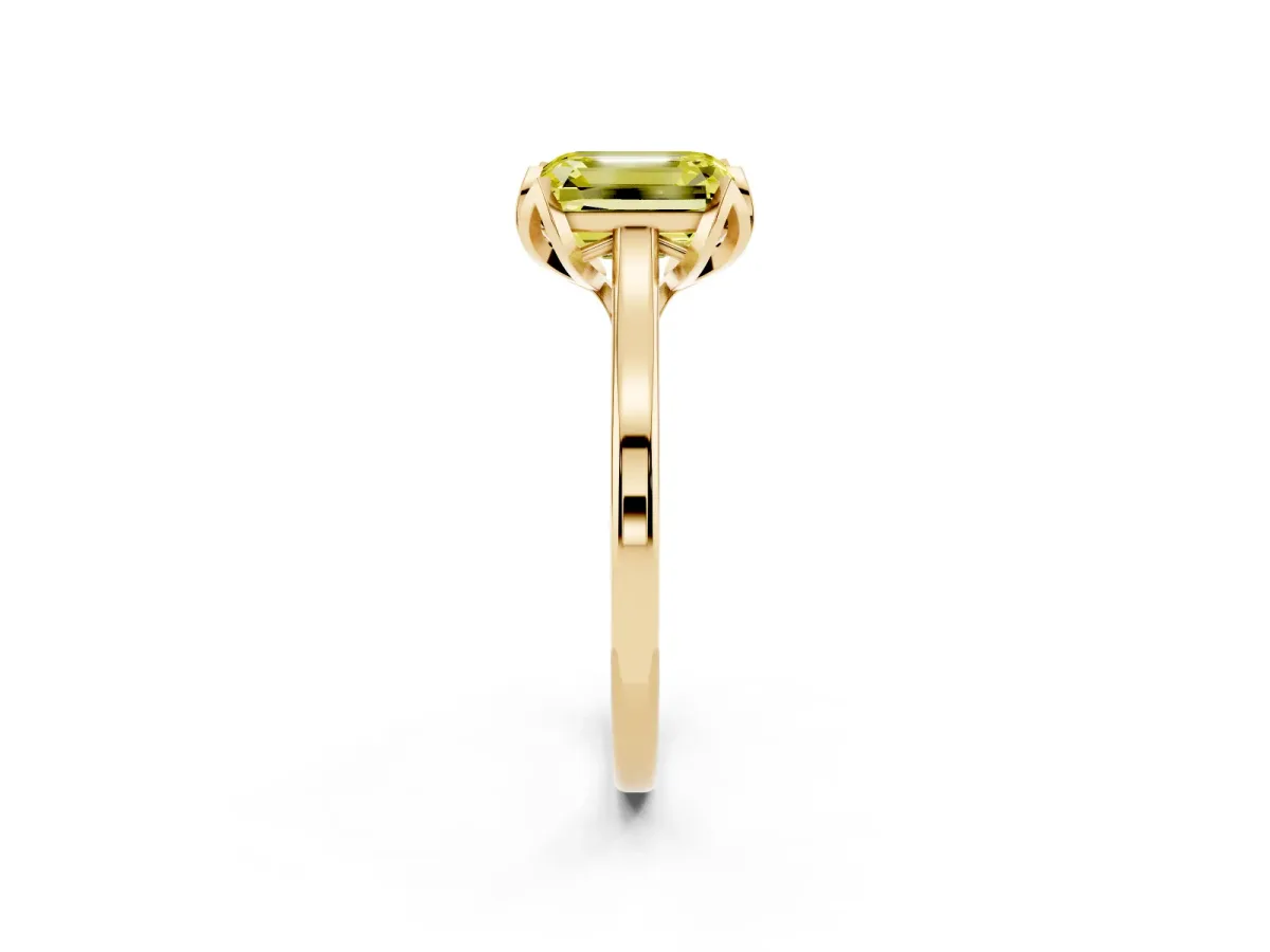 Fancy Yellow Emerald Cut Diamond Solitaire Ring with Flower Prong Setting and Classic Band Yellow gold