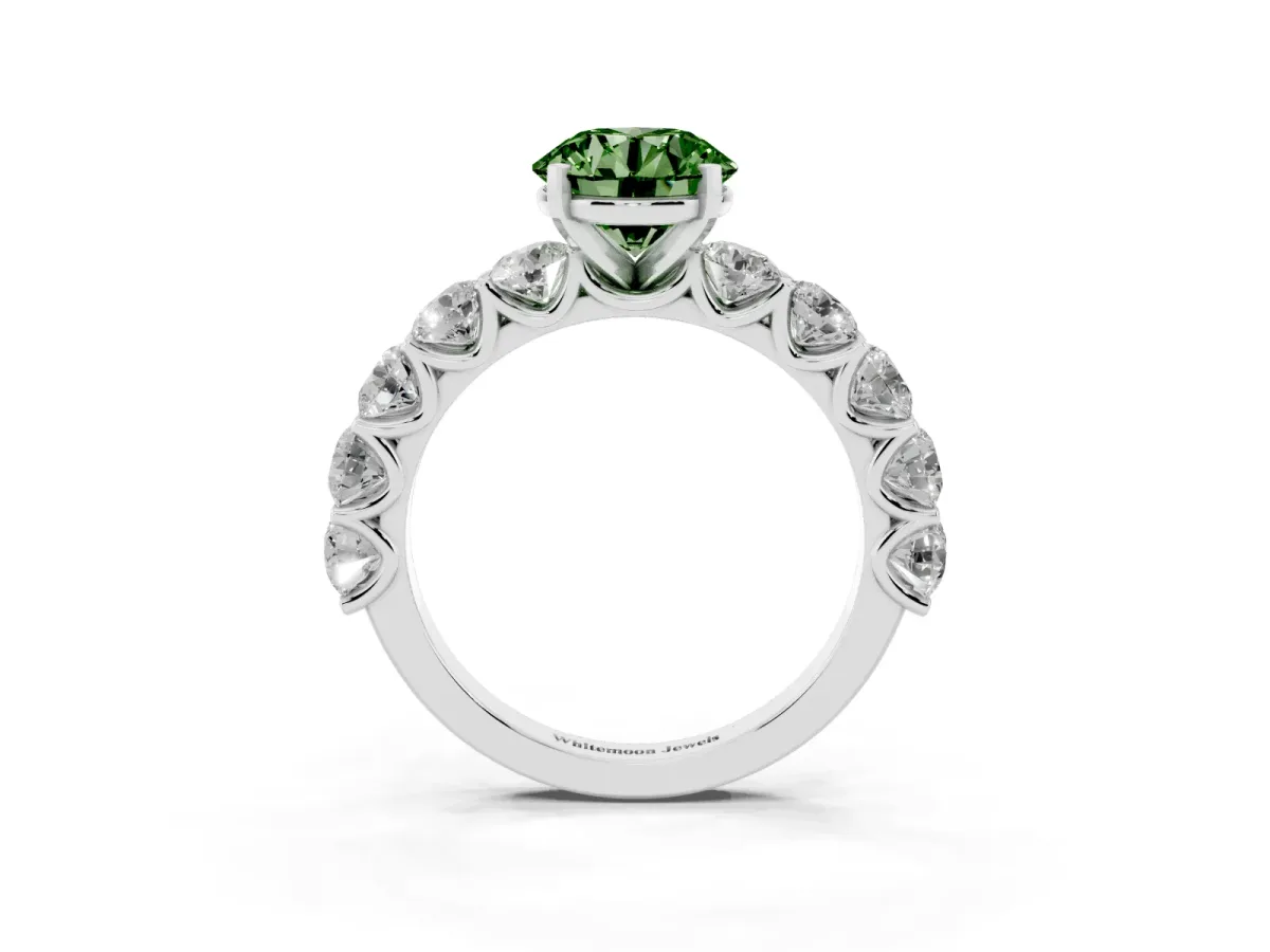 Fancy Green Round Cut Diamond Prong Setting with Side Stones on a Pave Band Silver