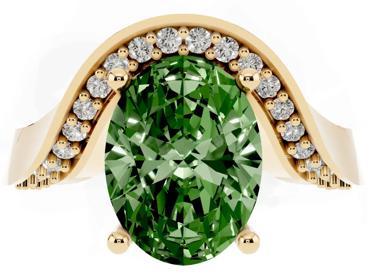 Fancy Green Oval Cut Solitaire Diamond Engagement Ring with Pave Band and Four-Prong Setting Yellow gold