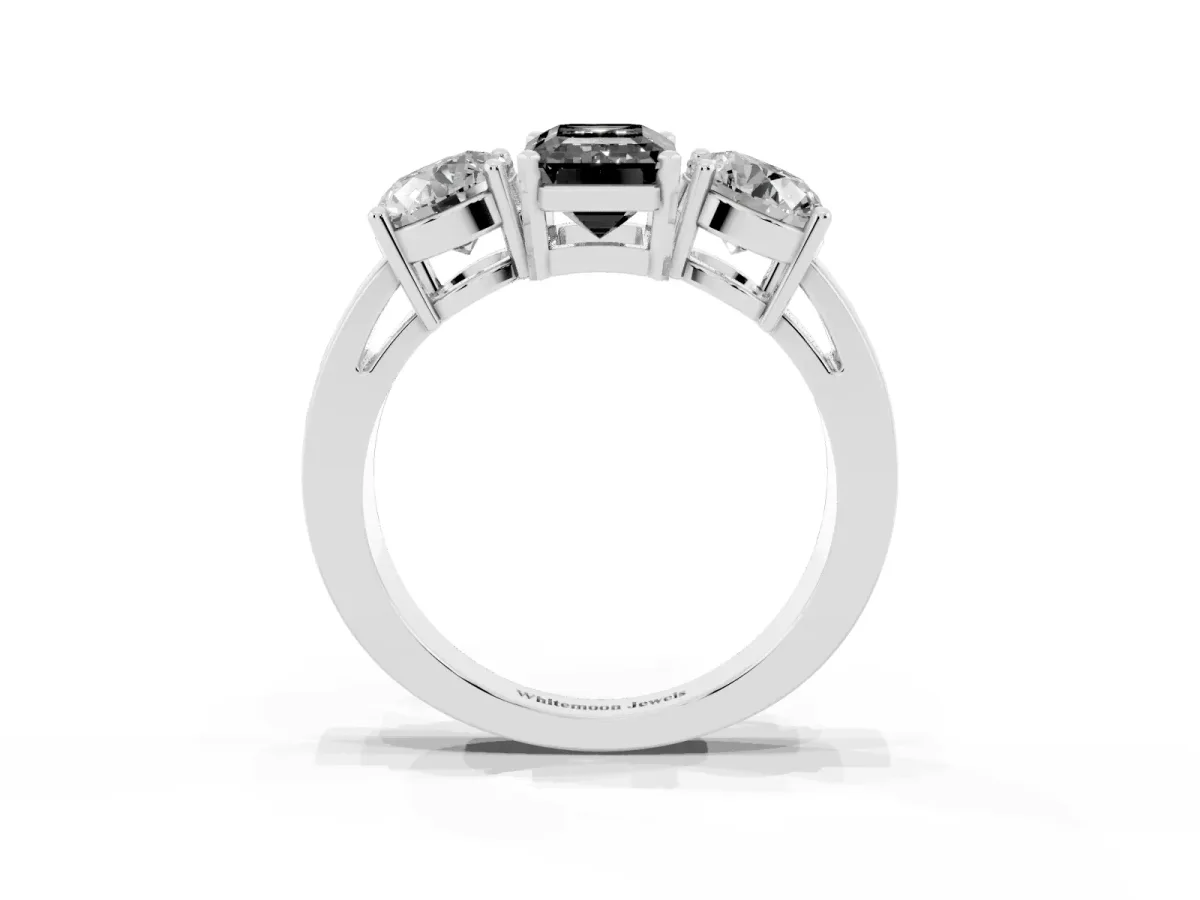 Fancy Black Three-Stone Emerald Cut Diamond Ring with Round Side Stones, Classic Band, and Four-Prong Setting Silver