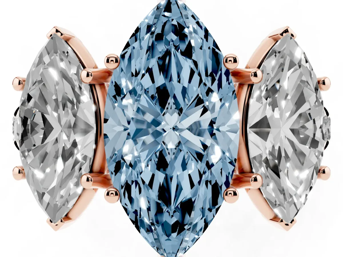 Fancy Blue Three-Stone Marquise Cut Diamond Pavé Band with Prong Setting Rose gold