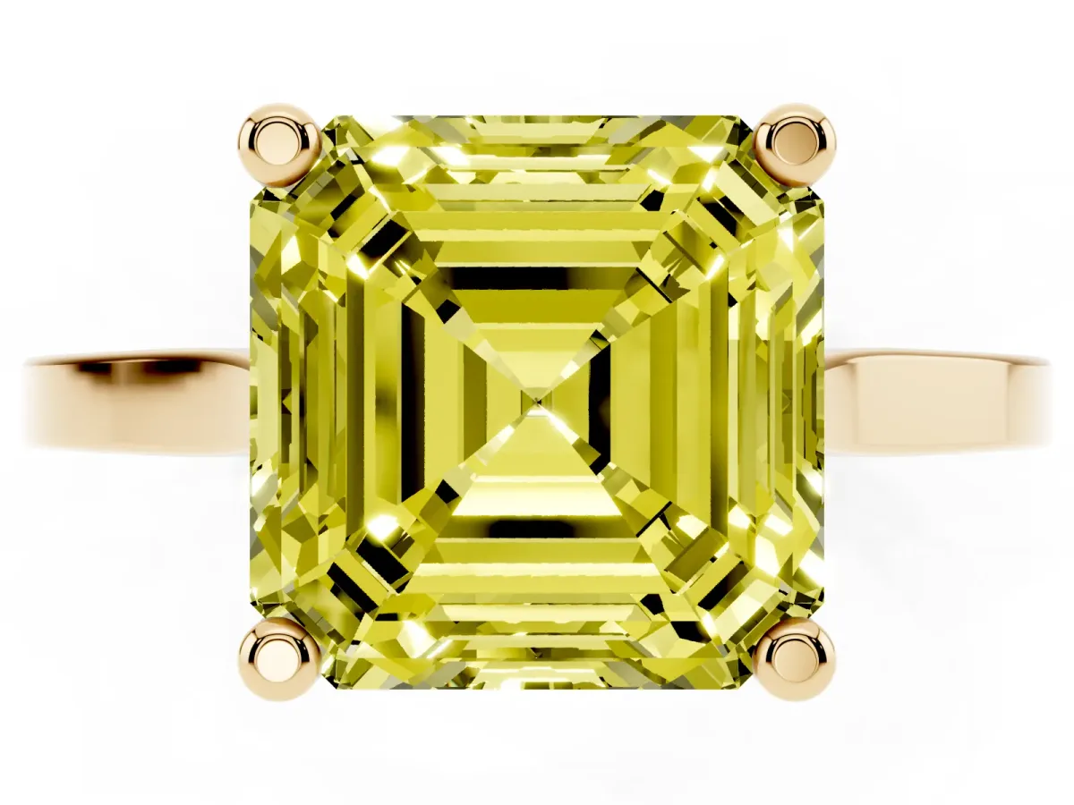 Fancy Yellow Asscher Cut Solitaire Diamond Ring with Four-Prong Setting and Tapered Band Yellow gold