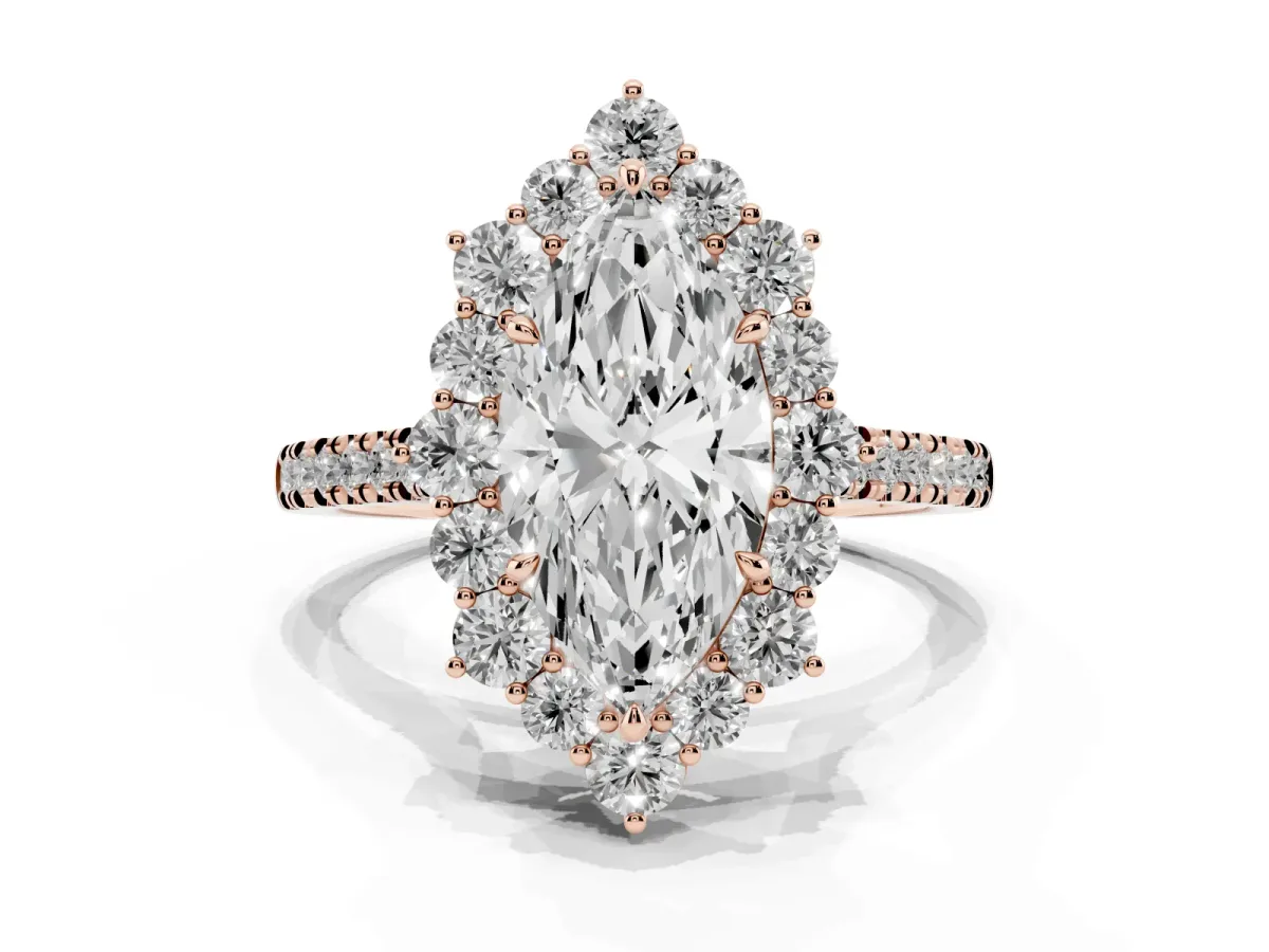 Marquise Cut Halo Diamond Ring with Pavé Band and Prong Setting Rose gold
