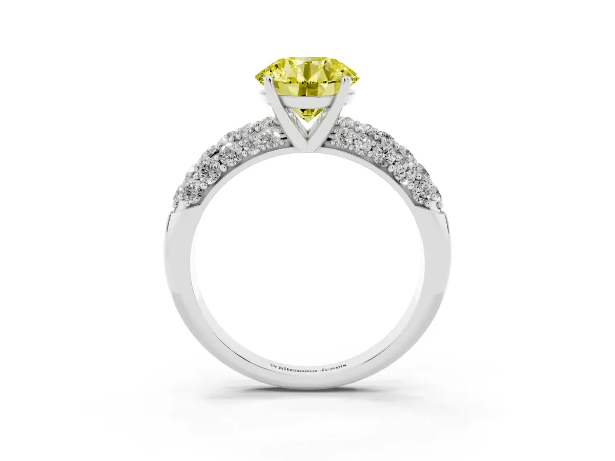 Fancy Yellow Round Cut Diamond Pavé Band Solitaire Ring with Four-Prong Setting Platinum
