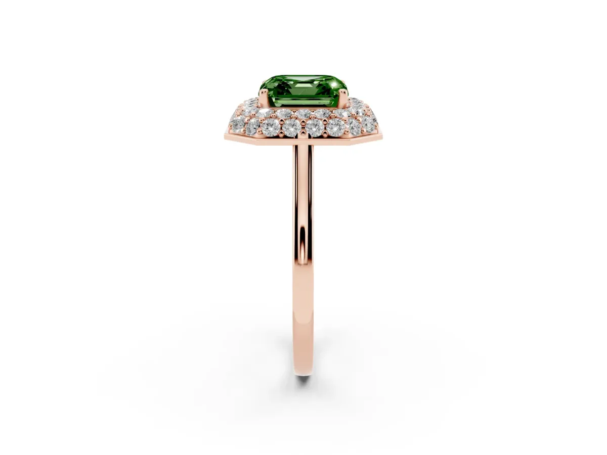 Fancy Green Asscher Cut Halo Diamond Engagement Ring with Solitaire Band and Four-Prong Setting Rose gold