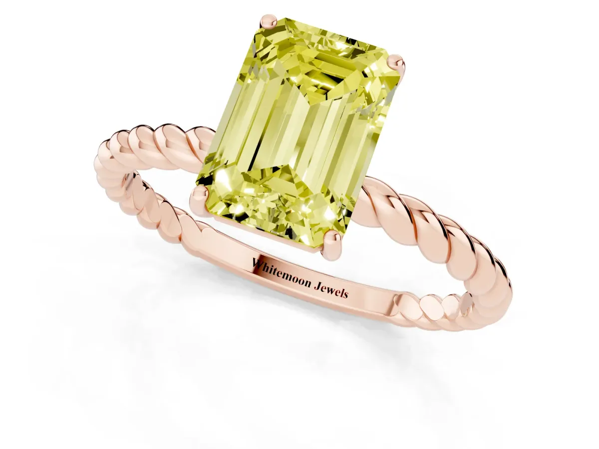 Fancy Yellow Emerald Cut Solitaire Twisted Band 4-Prong Ring Rose gold