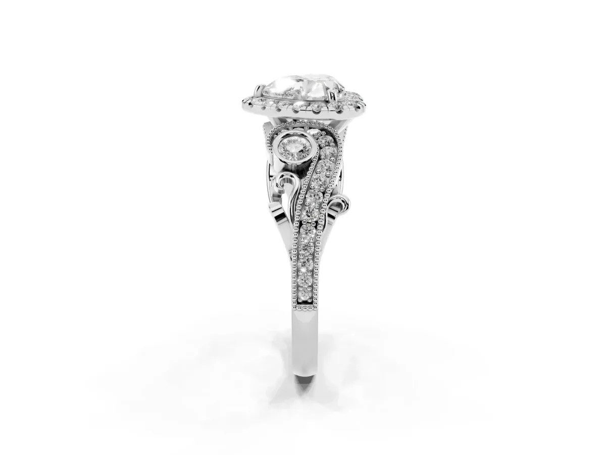 Heart Cut Diamond Halo Ring with Milgrain Pavé Band and Four-Prong Setting White gold