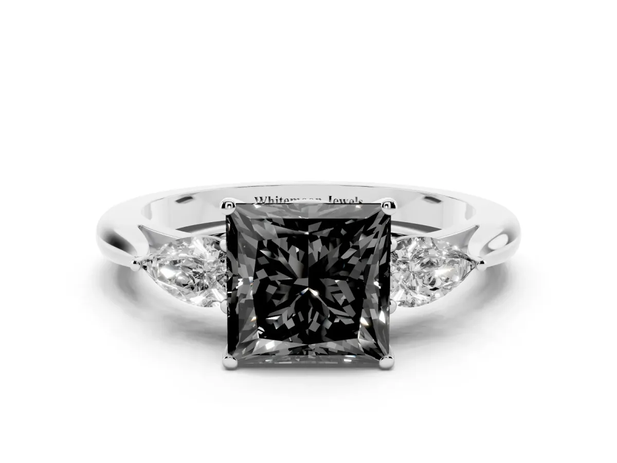 Fancy Black Princess Cut Diamond Three-Stone Ring with Pear Side Stones and Prong Setting Platinum