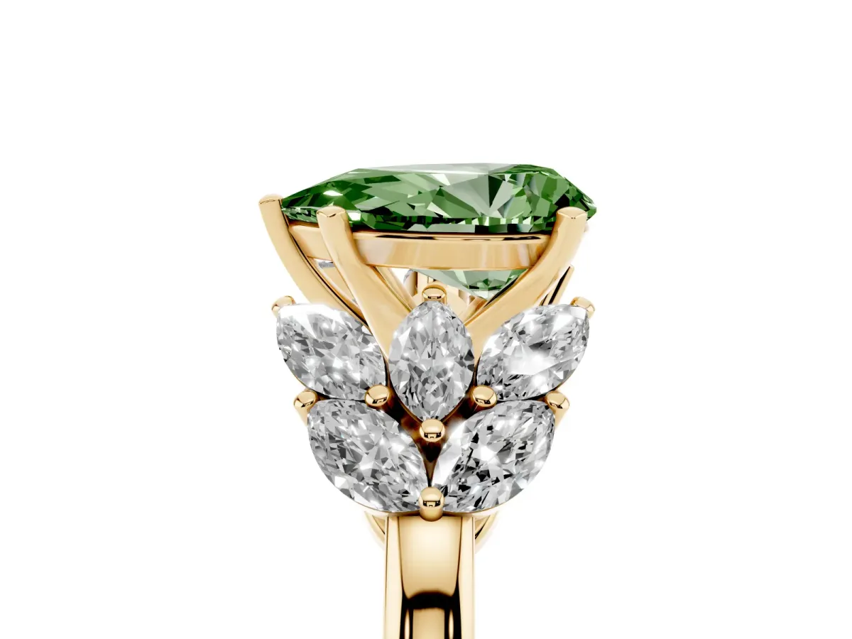 Fancy Green Pear Cut Diamond Cluster Leaf Design Ring with Prong Setting Yellow gold