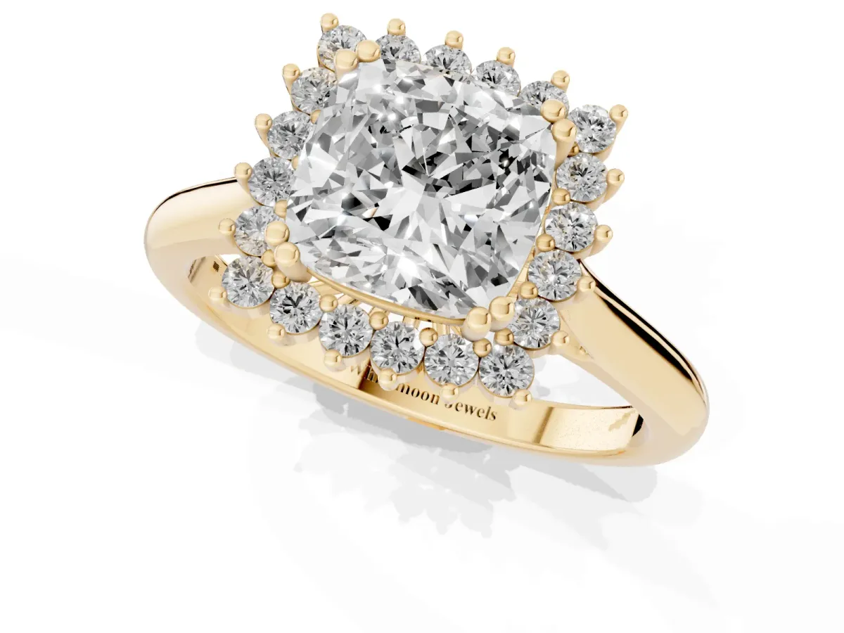 Cushion Cut Cut Diamond Halo Ring with Solitaire Band and Prong Setting Yellow gold