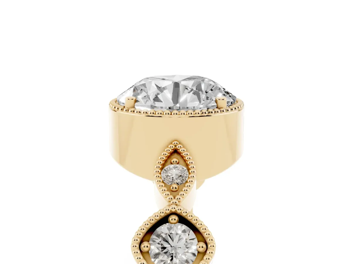 Round Cut Diamond Vintage Milgrain Ring with Round Stations Yellow gold