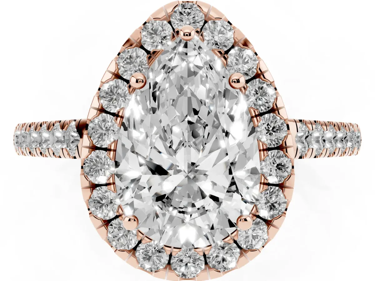 Pear Cut Halo Pave Diamond Engagement Ring with Four-Prong Setting Rose gold