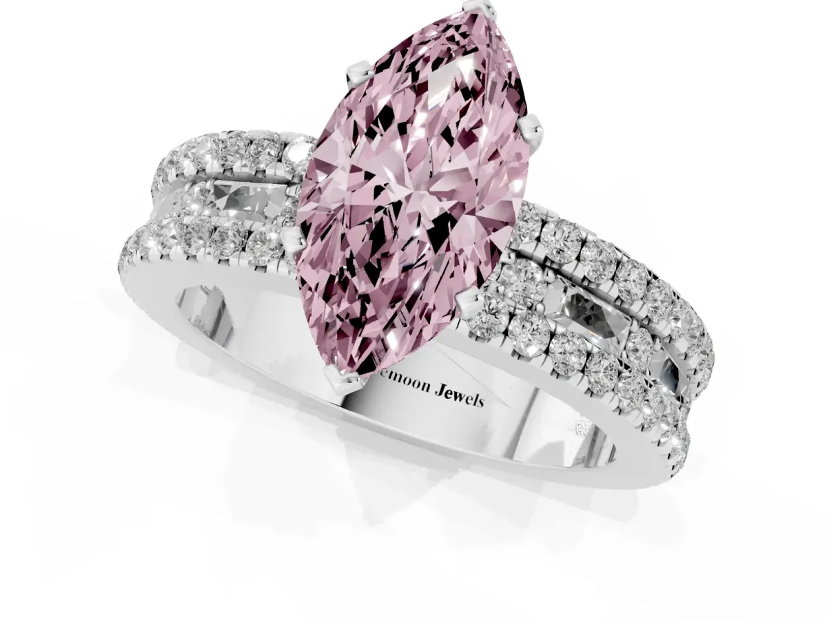 Fancy Pink Marquise Cut Diamond Solitaire Ring with Pavé and Channel Set Band Platinum