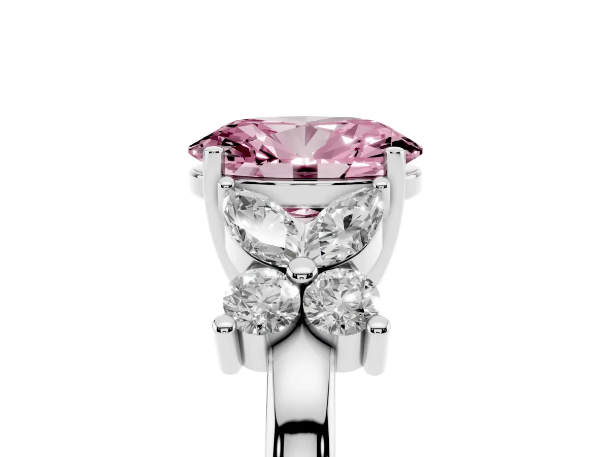 Fancy Pink Oval Cut Diamond Floral Cluster Ring with Solitaire Band and Prong Setting White gold