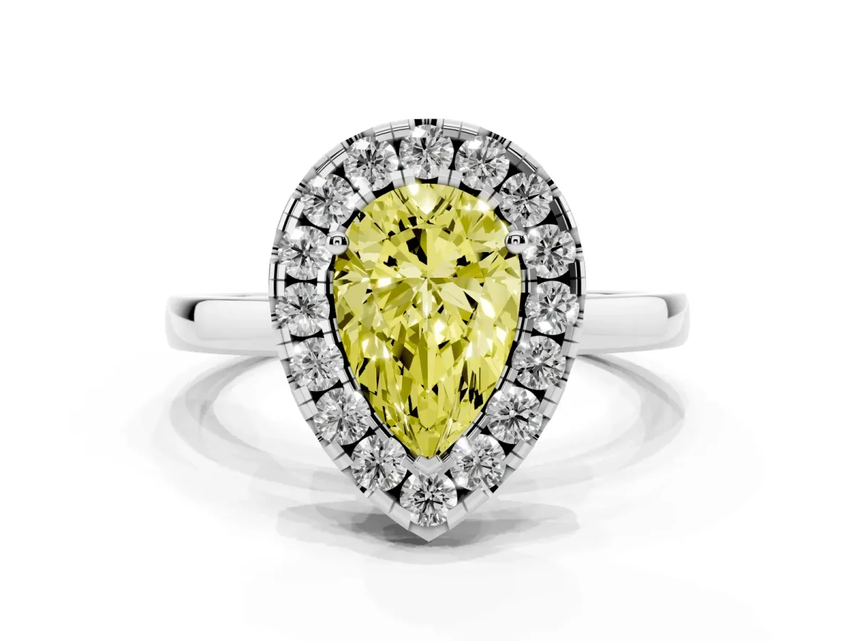 Fancy Yellow Pear Cut Halo Diamond Solitaire with Pavé Band and Four-Prong Setting Silver
