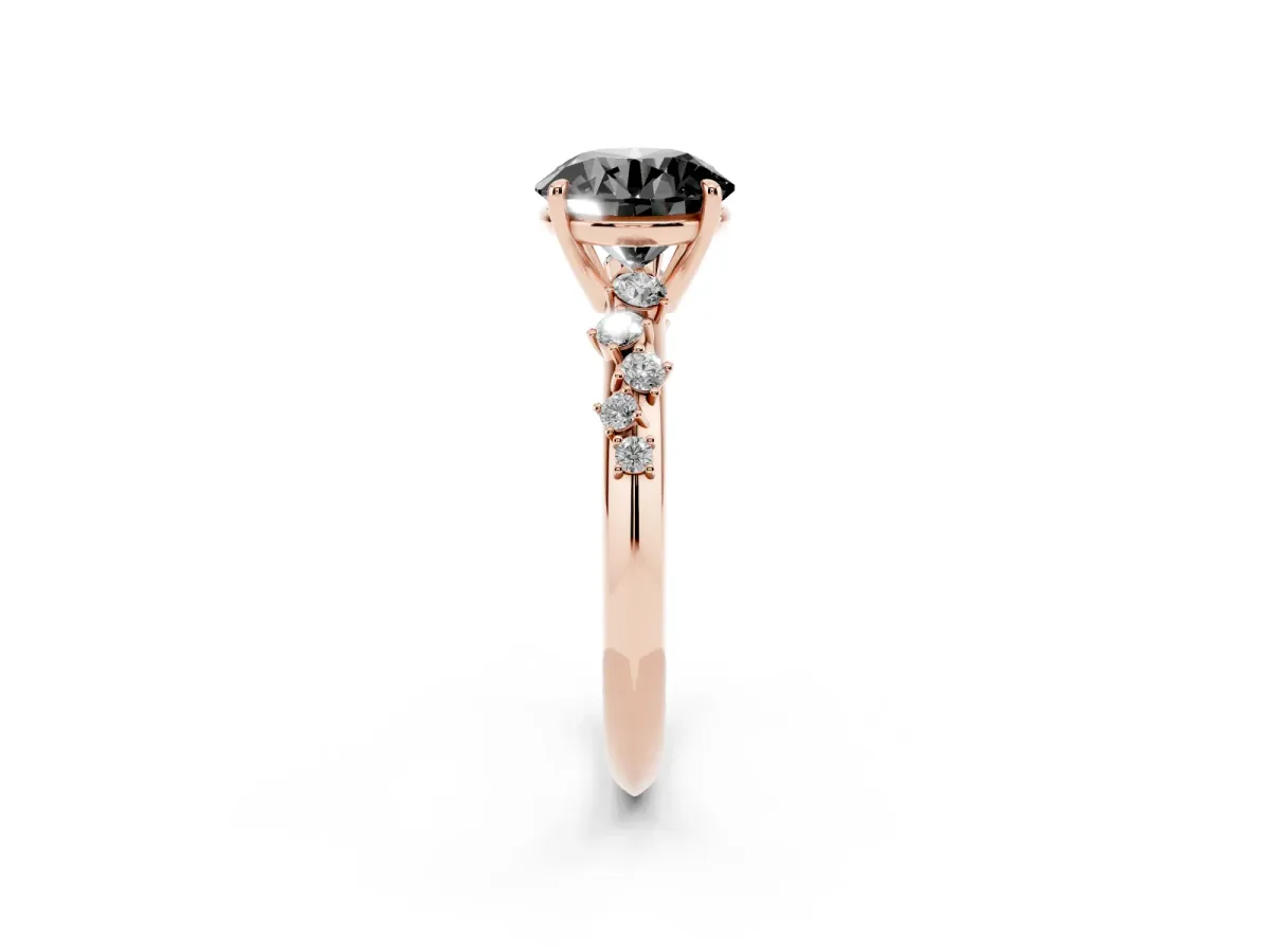 Fancy Black Round Cut Diamond Cluster Side Stone Solitaire Ring with Prong Setting Rose gold