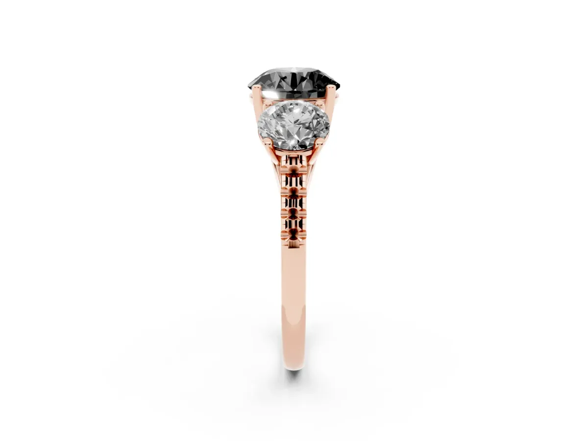 Fancy Black Three-Stone Round Cut Diamond Ring with Round Pavé Band and Prong Setting Rose gold