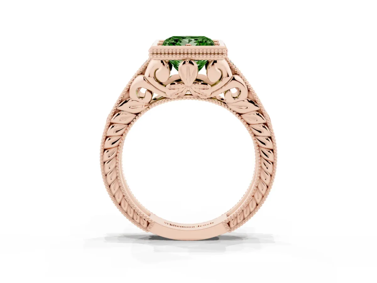 Fancy Green Bezel Set Princess Cut Diamond Milgrain Pave Engagement Ring Rose gold