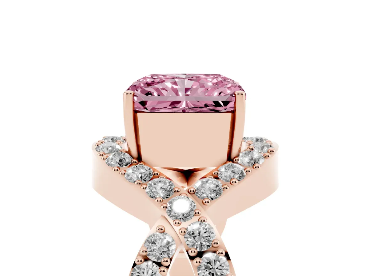Fancy Pink Radiant Cut Solitaire Twist Band Pavé Diamond Engagement Ring Rose gold