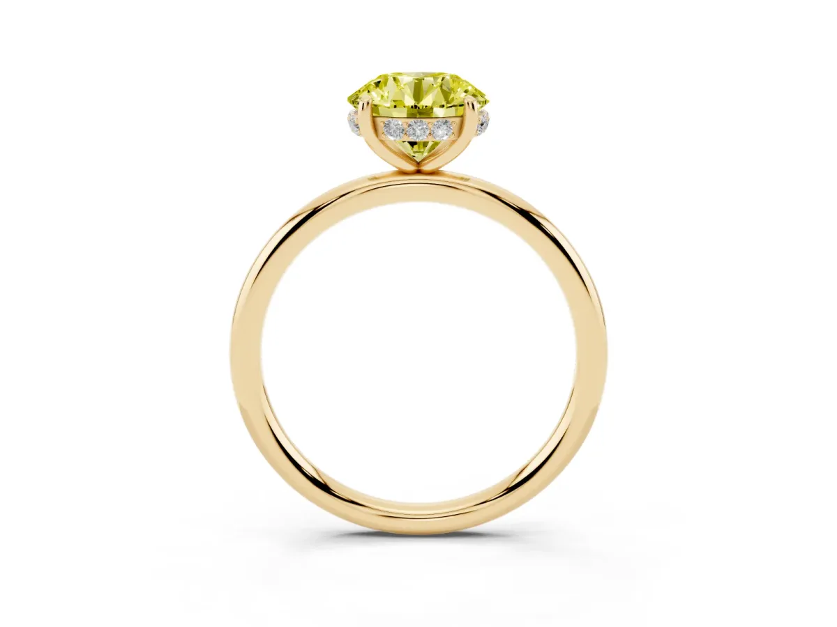 Fancy Yellow Round Cut Solitaire Diamond Ring with a Classic Band and Four-Prong Setting Yellow gold