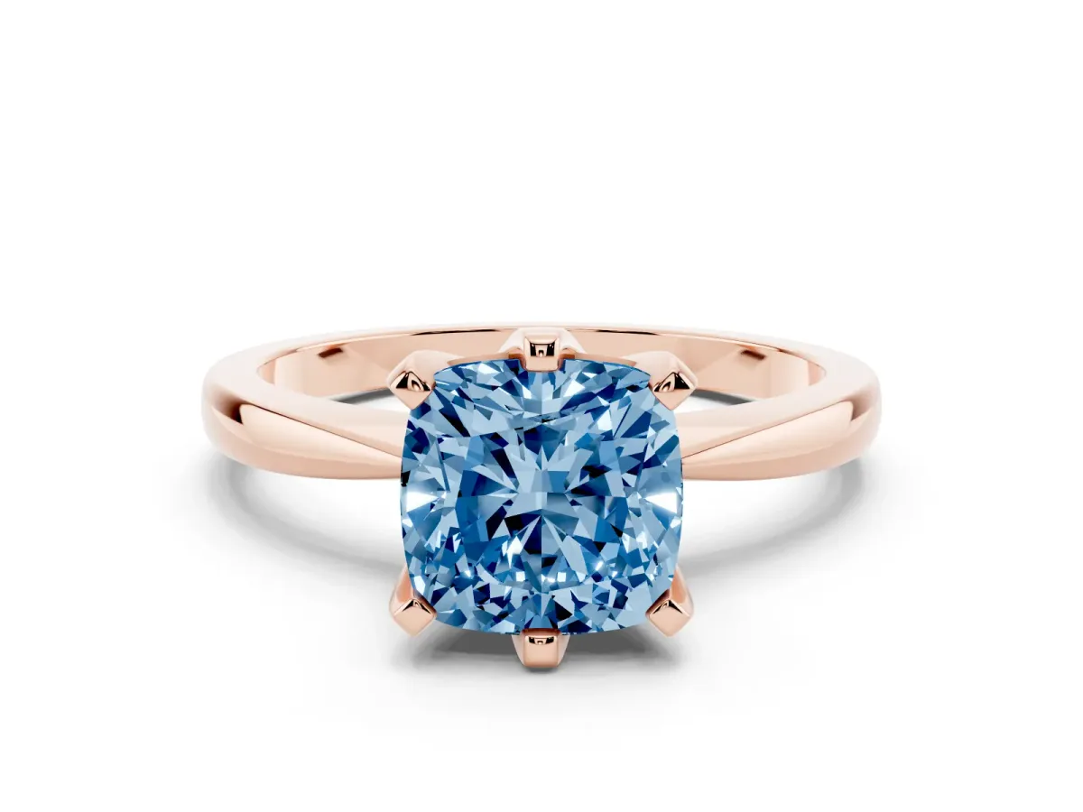 Fancy Blue Cushion Cut Solitaire Engagement Ring with Six-Prong Setting and Tapered Band Rose gold