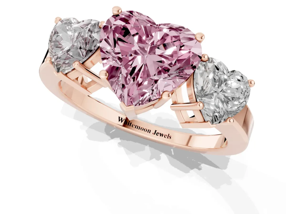 Fancy Pink Three-Stone Heart Cut Cut Diamond Engagement Ring with Flat Band and Four-Prong Setting Rose gold