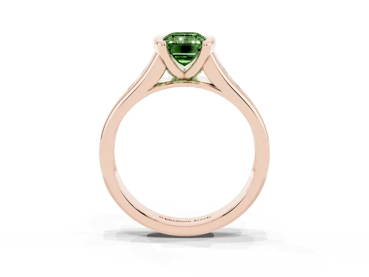 Fancy Green Emerald Cut Solitaire Bezel-Set Diamond Ring with Channel-Set Band Rose gold