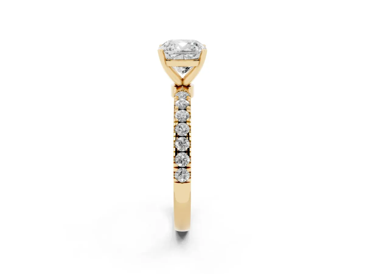 Cushion Cut Diamond Solitaire Ring with Pavé Accents and Four-Prong Setting Yellow gold