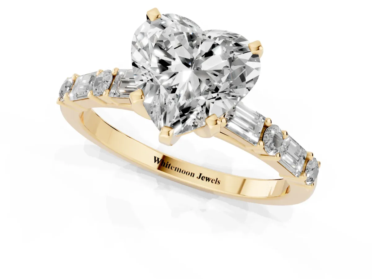 Heart Cut Diamond Solitaire with Side Baguettes and Channel Set Band Yellow gold