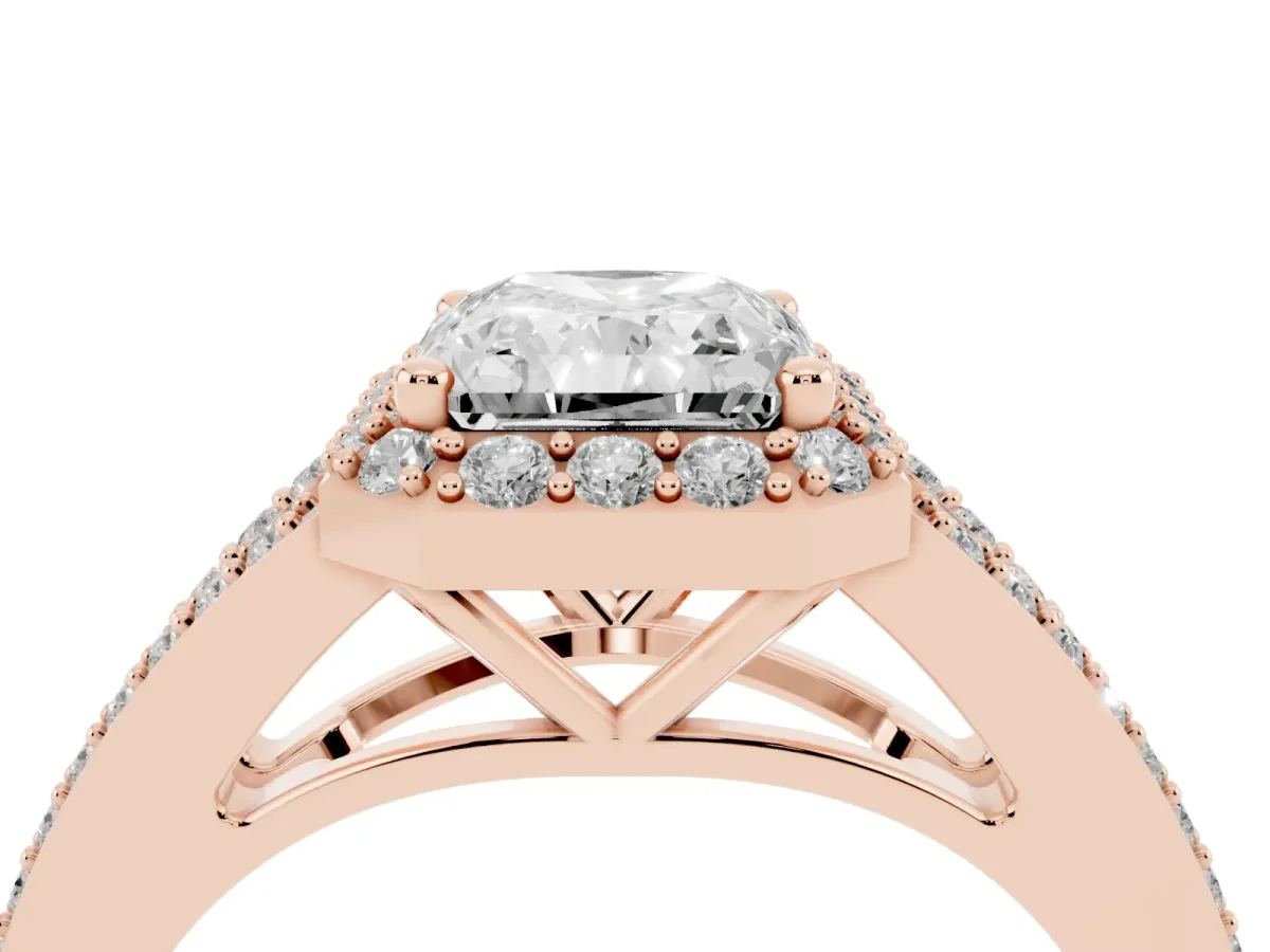 Radiant Cut Halo Split Shank Pave Diamond Ring with Four-Prong Setting Rose gold