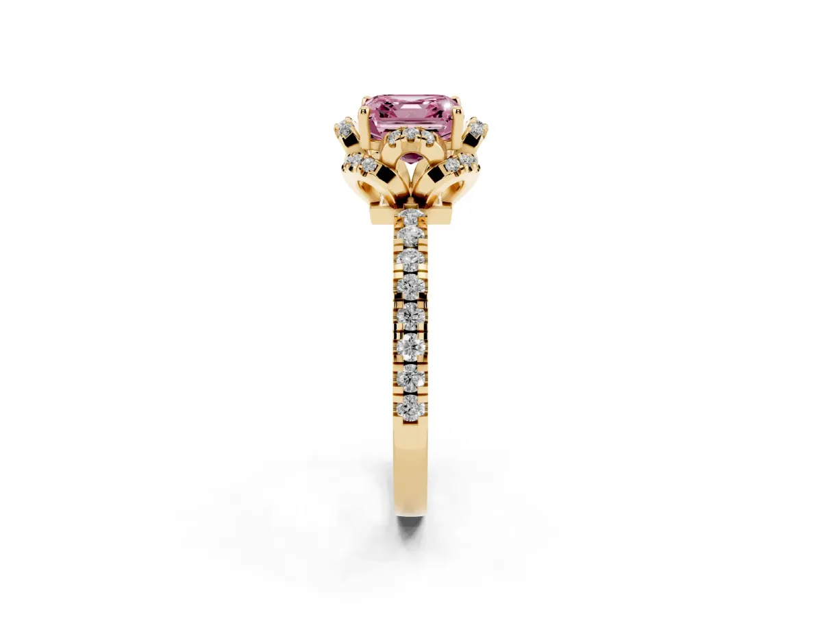 Fancy Pink Asscher Cut Halo Diamond Pave Band Ring with Four-Prong Setting Yellow gold