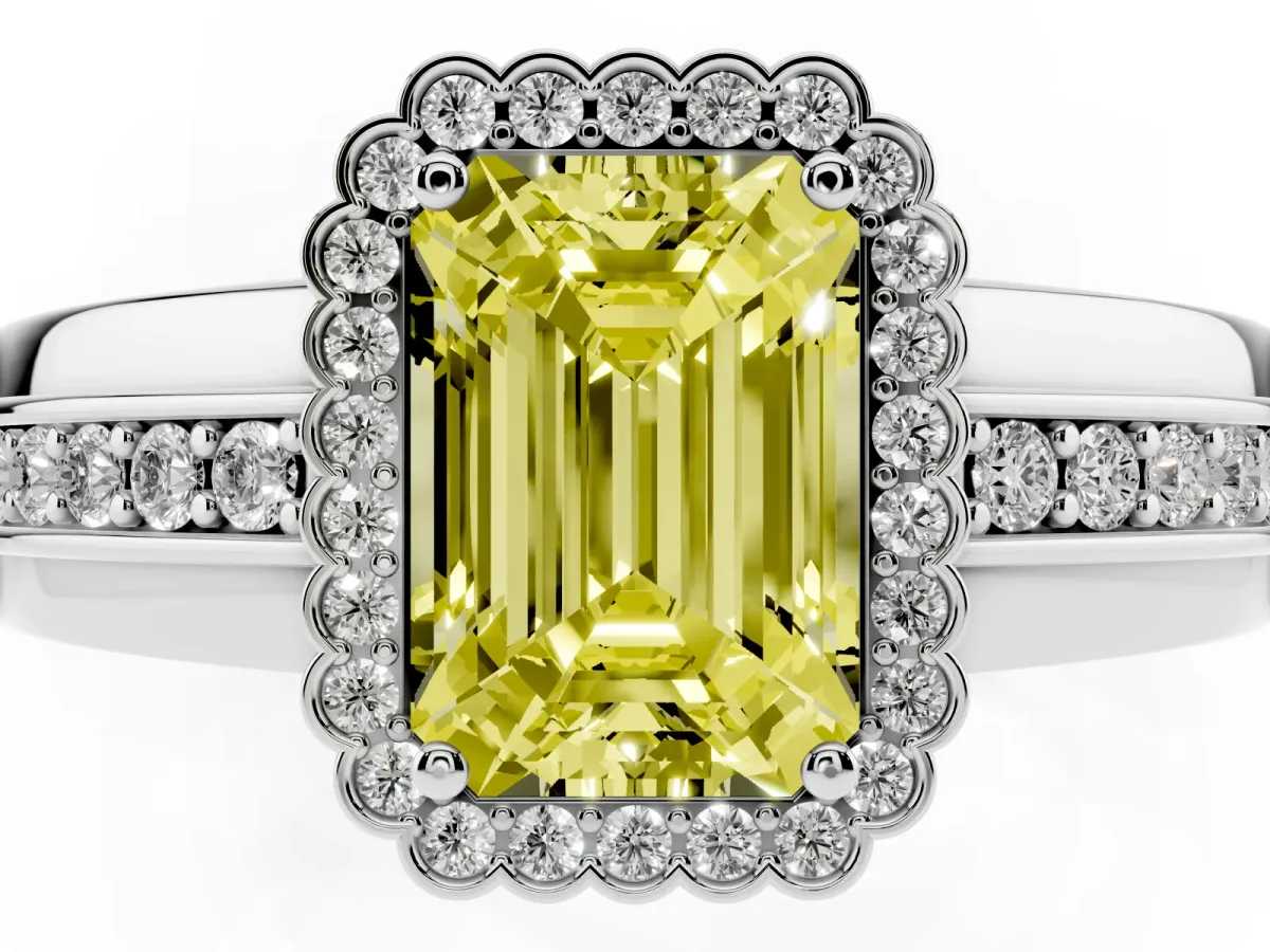 Fancy Yellow Emerald Cut Cut Halo Pave Band Four-Prong Ring Silver