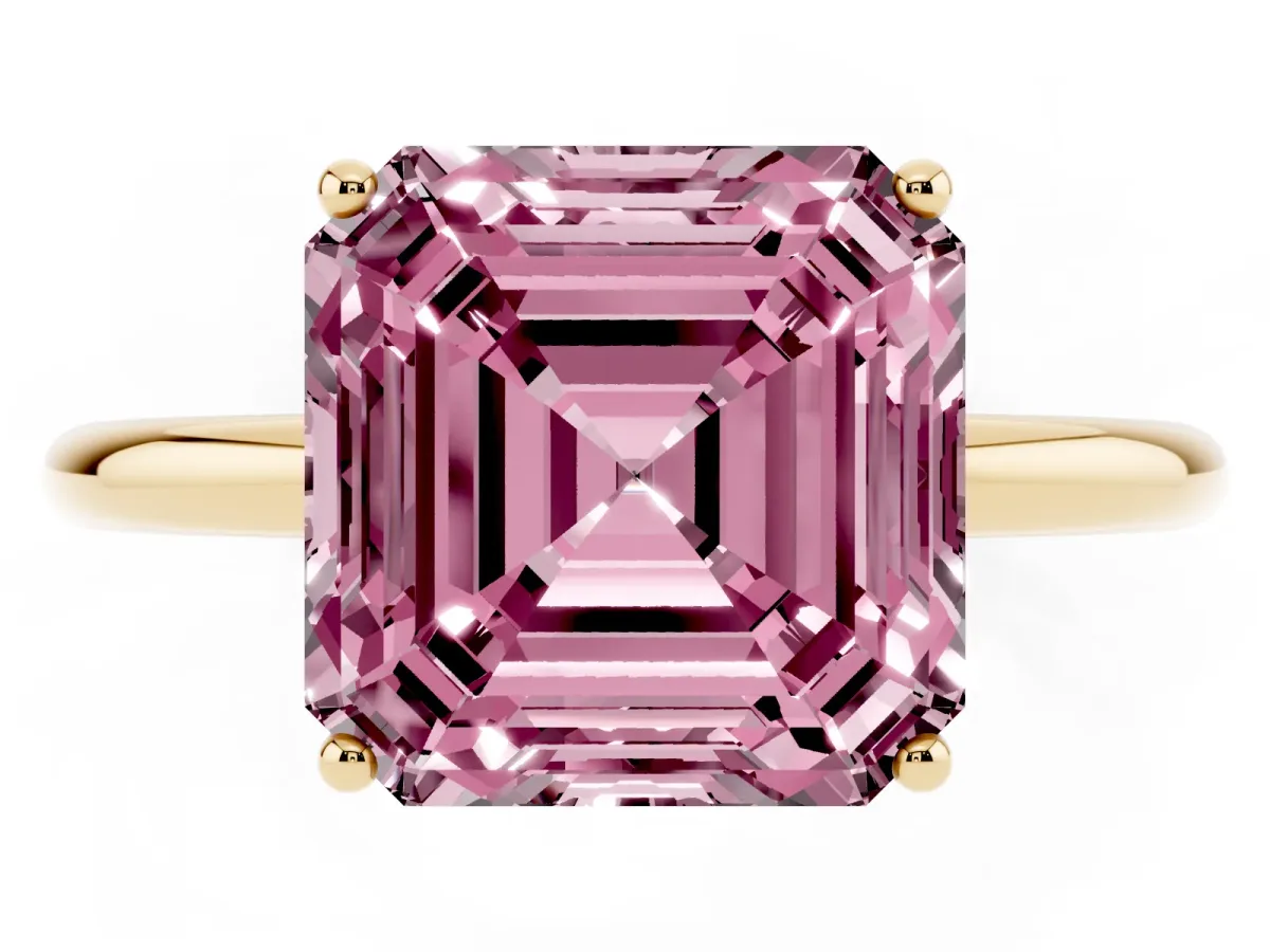 Fancy Pink Asscher Cut Solitaire Diamond Ring with a Classic Band and Four-Prong Setting Yellow gold