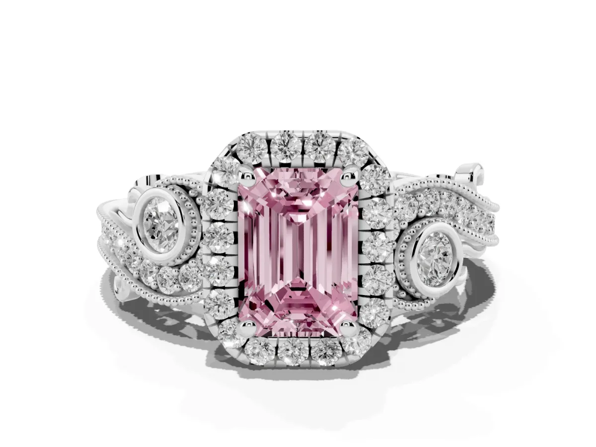 Fancy Pink Emerald Cut Diamond Halo Ring with Milgrain Pavé Band and Four-Prong Setting Platinum