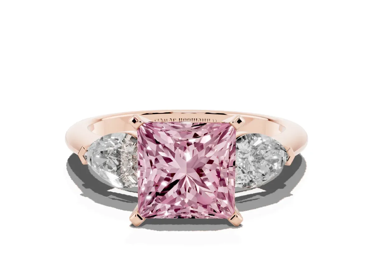 Fancy Pink Three-Stone Princess Cut Diamond Ring with Pear Side Stones and Four-Prong Setting Rose gold