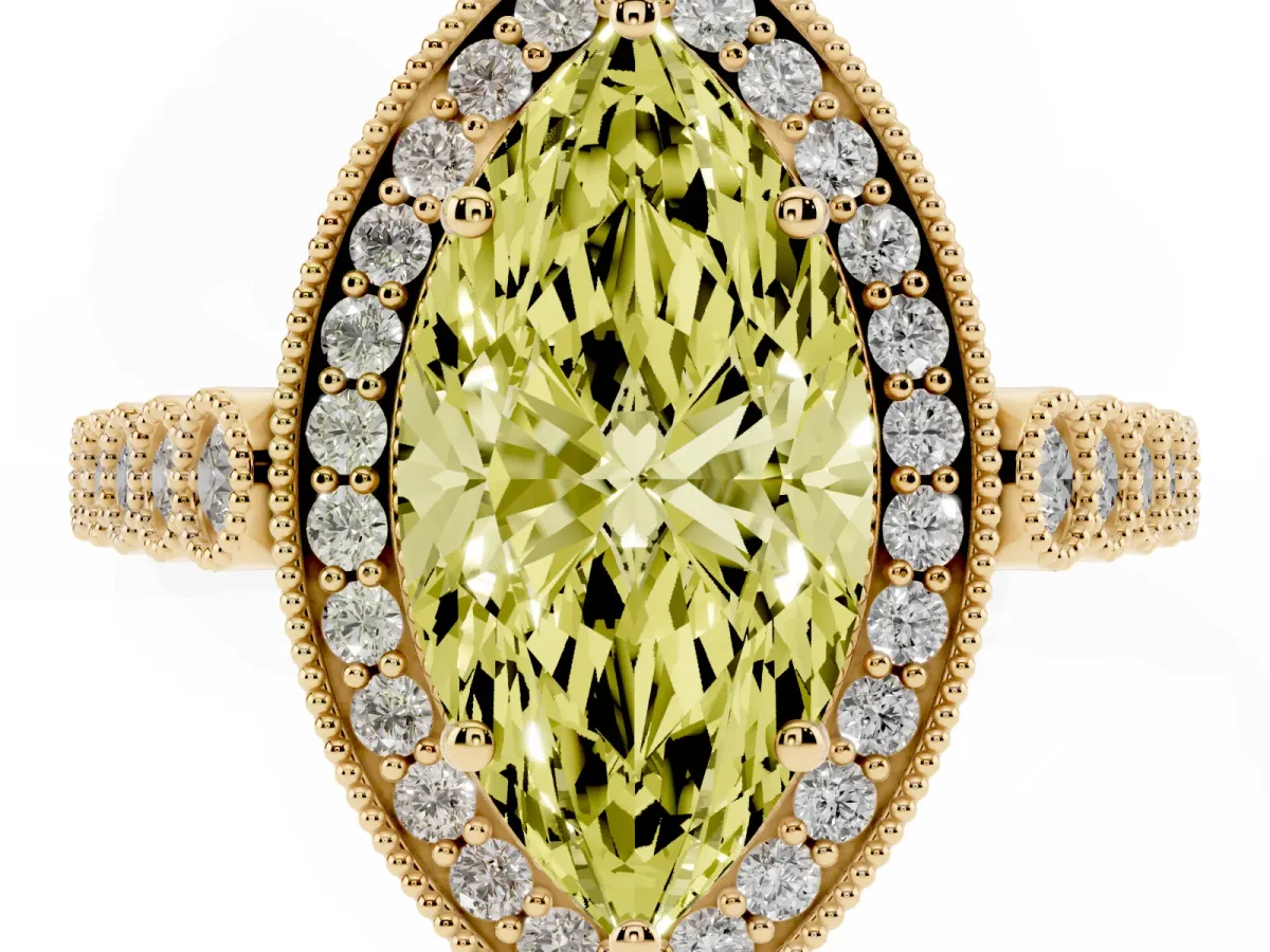 Fancy Yellow Marquise Cut Halo Milgrain Solitaire with Bezel Set Side Stones and Pave Band Yellow gold
