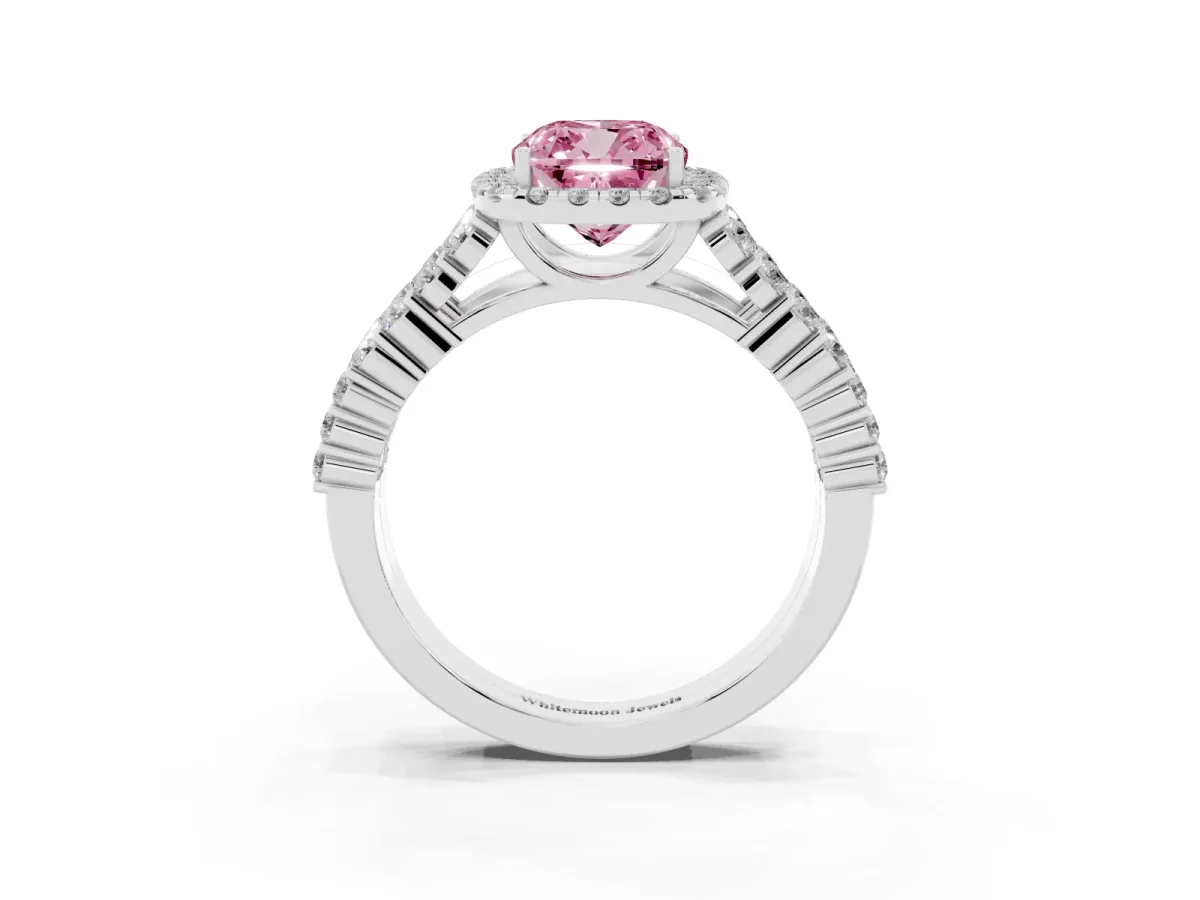 Fancy Pink Cushion Cut Diamond Halo Engagement Ring with Triple Row Round Pavé Band and Prong Setting Platinum