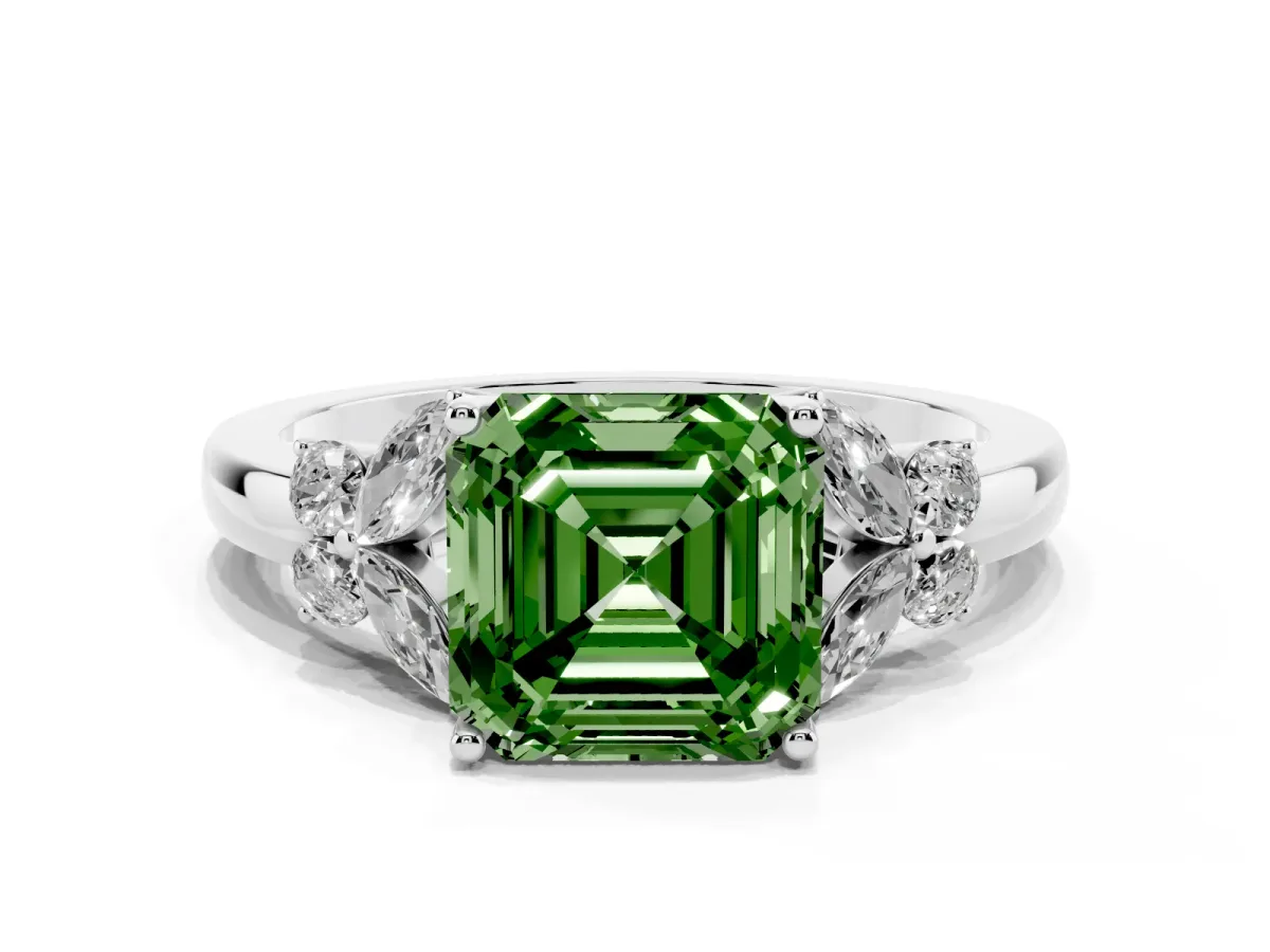 Fancy Green Asscher Cut Cut Solitaire Floral Diamond Ring with Four-Prong Setting Silver
