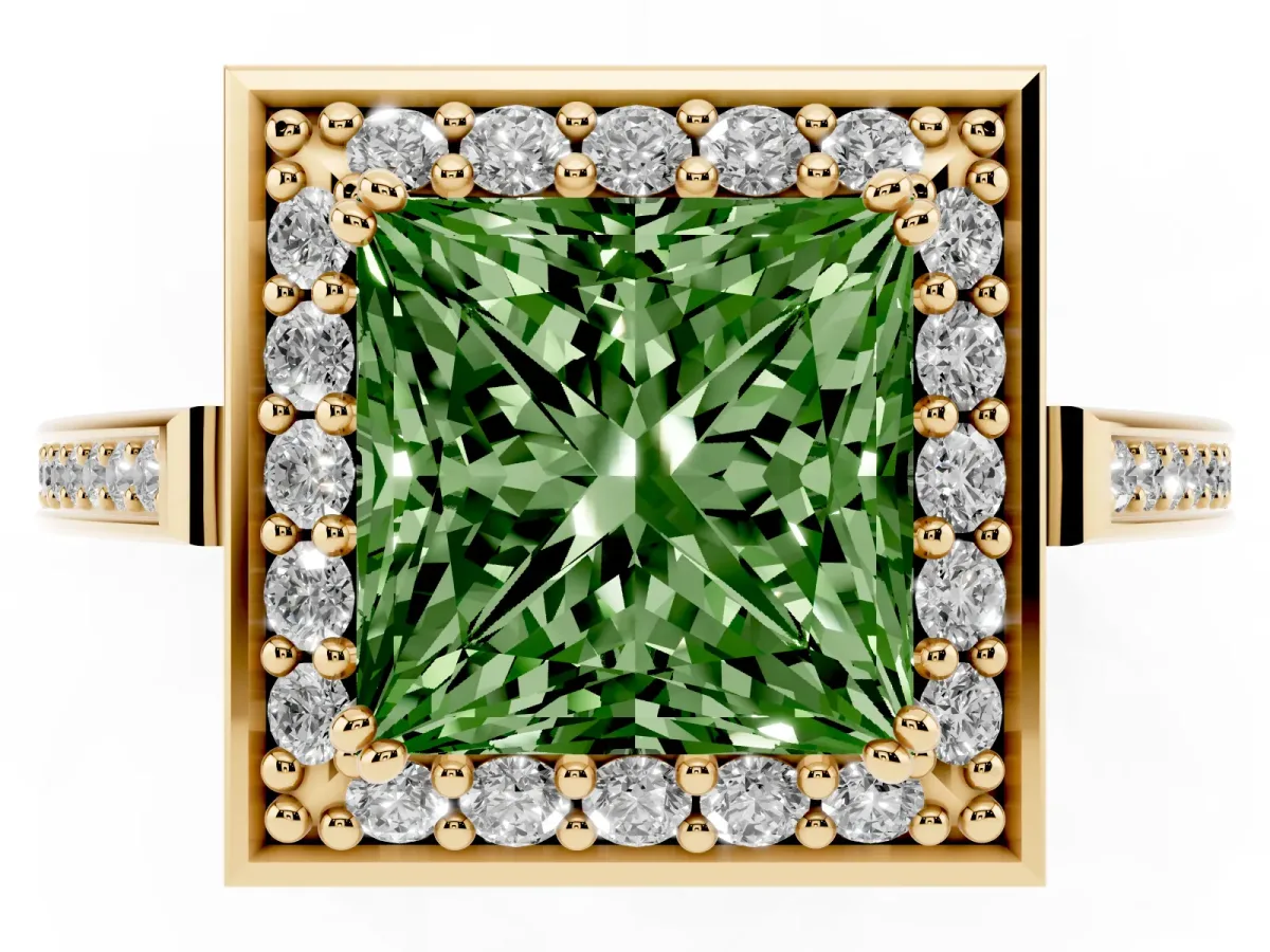 Fancy Green Princess Cut Diamond Halo Ring with Split Shank and Four-Prong Setting Yellow gold