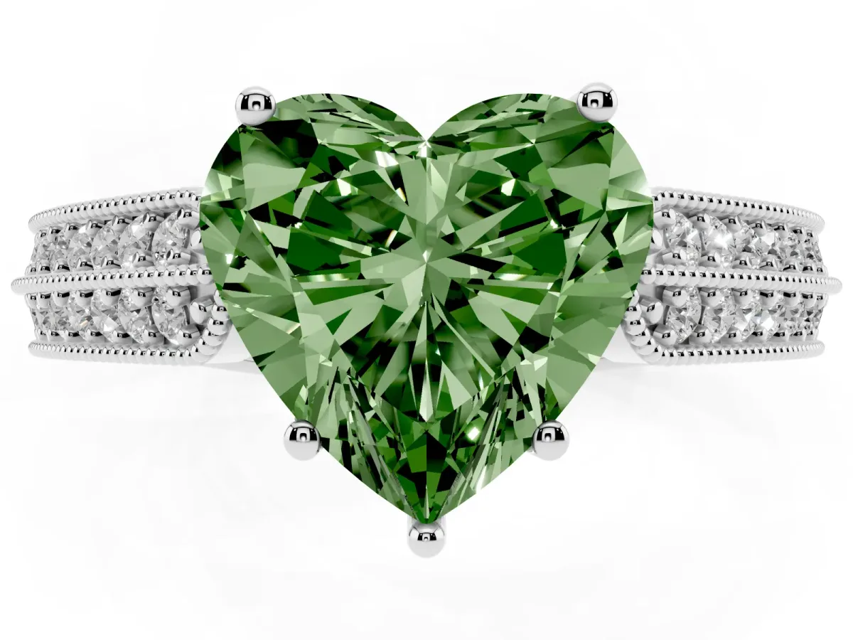 Fancy Green Heart Cut Cut Pave Split Shank Engagement Ring with Four-Prong Setting White gold