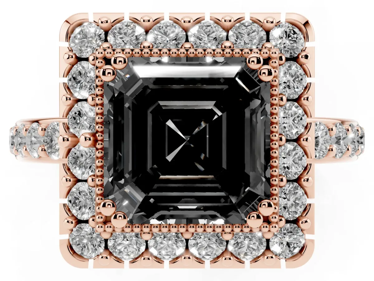 Fancy Black Asscher Cut Diamond Halo Ring with Pavé Band and Prong Setting Rose gold
