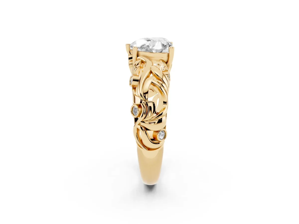 Heart Cut Solitaire Diamond Leaf-Inspired Vine Band Ring with Prong Setting Yellow gold