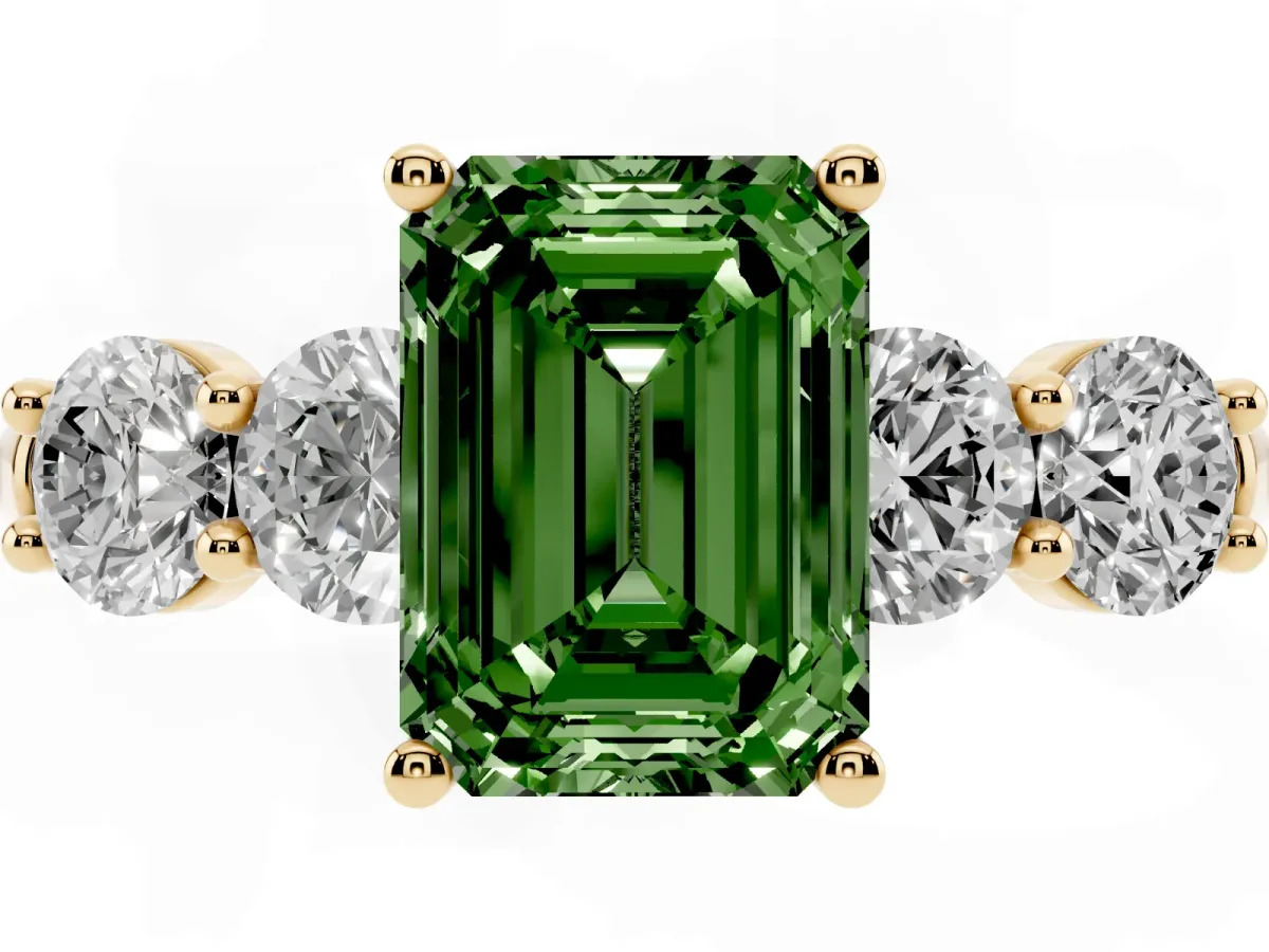 Fancy Green Emerald Cut Cut Five-Stone Prong Set Diamond Ring with Classic Band Yellow gold