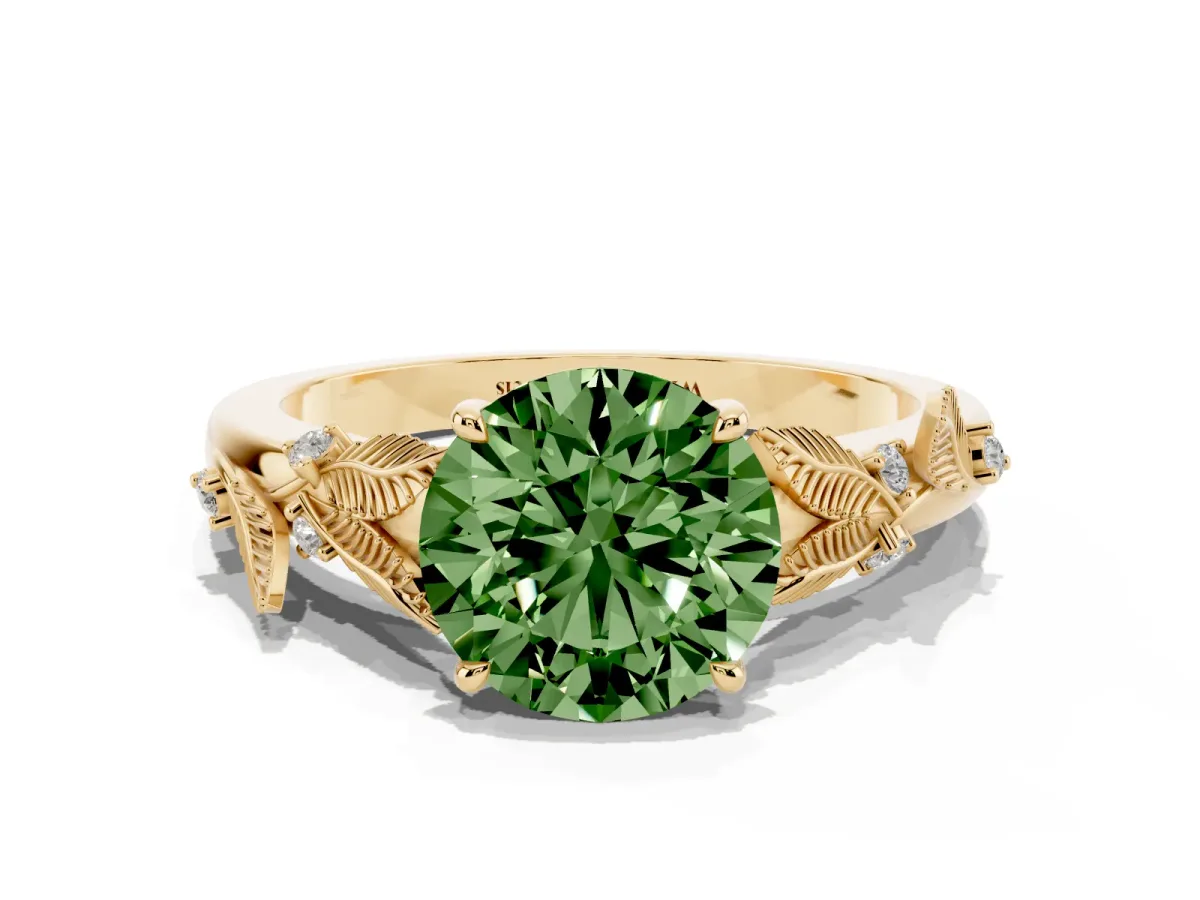 Fancy Green Round Cut Diamond Solitaire Ring with Leaf Motif Band and Four-Prong Setting Yellow gold