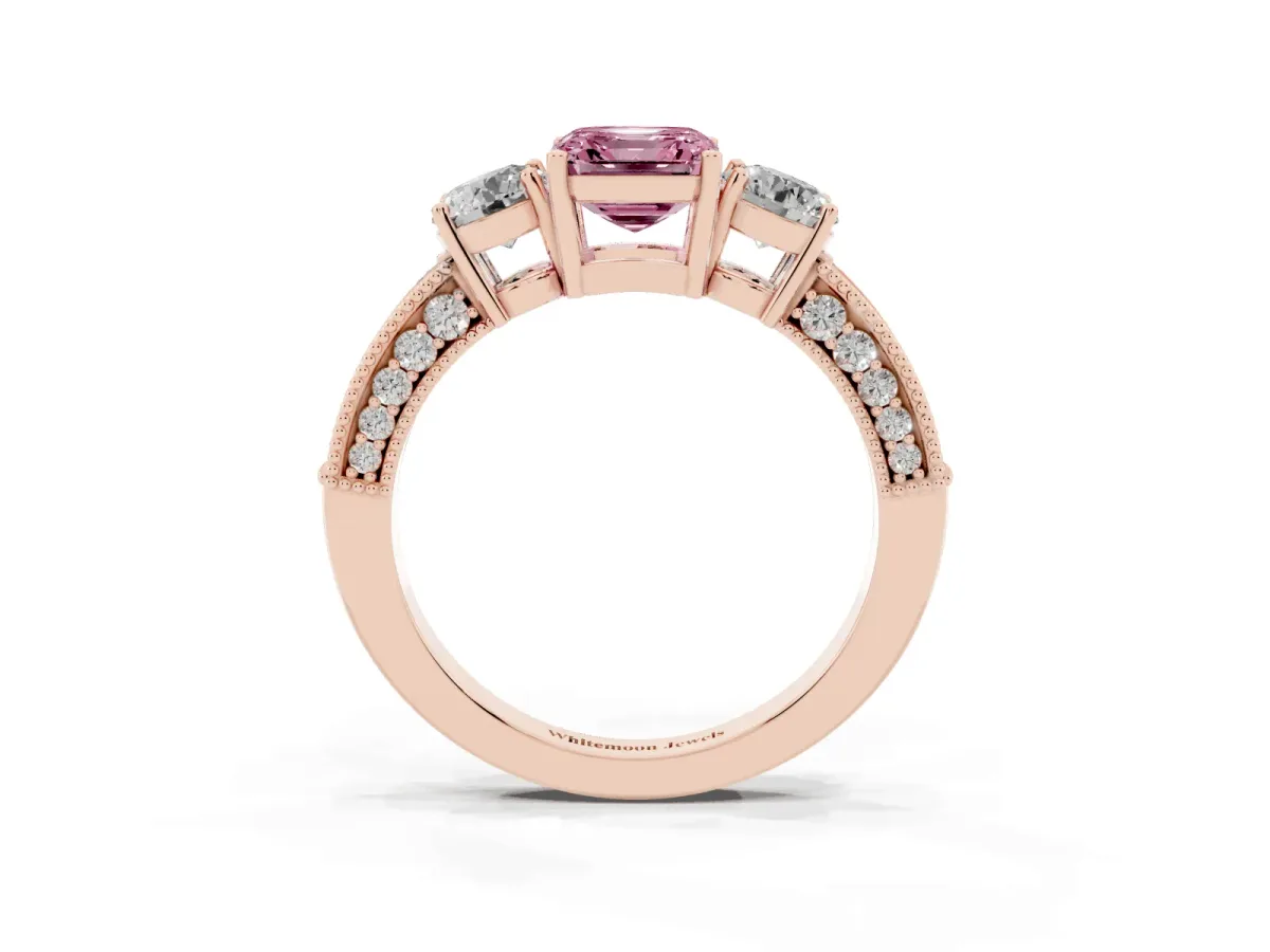 Fancy Pink Asscher Cut Three-Stone Diamond Ring with Pavé Band and Four-Prong Setting Rose gold