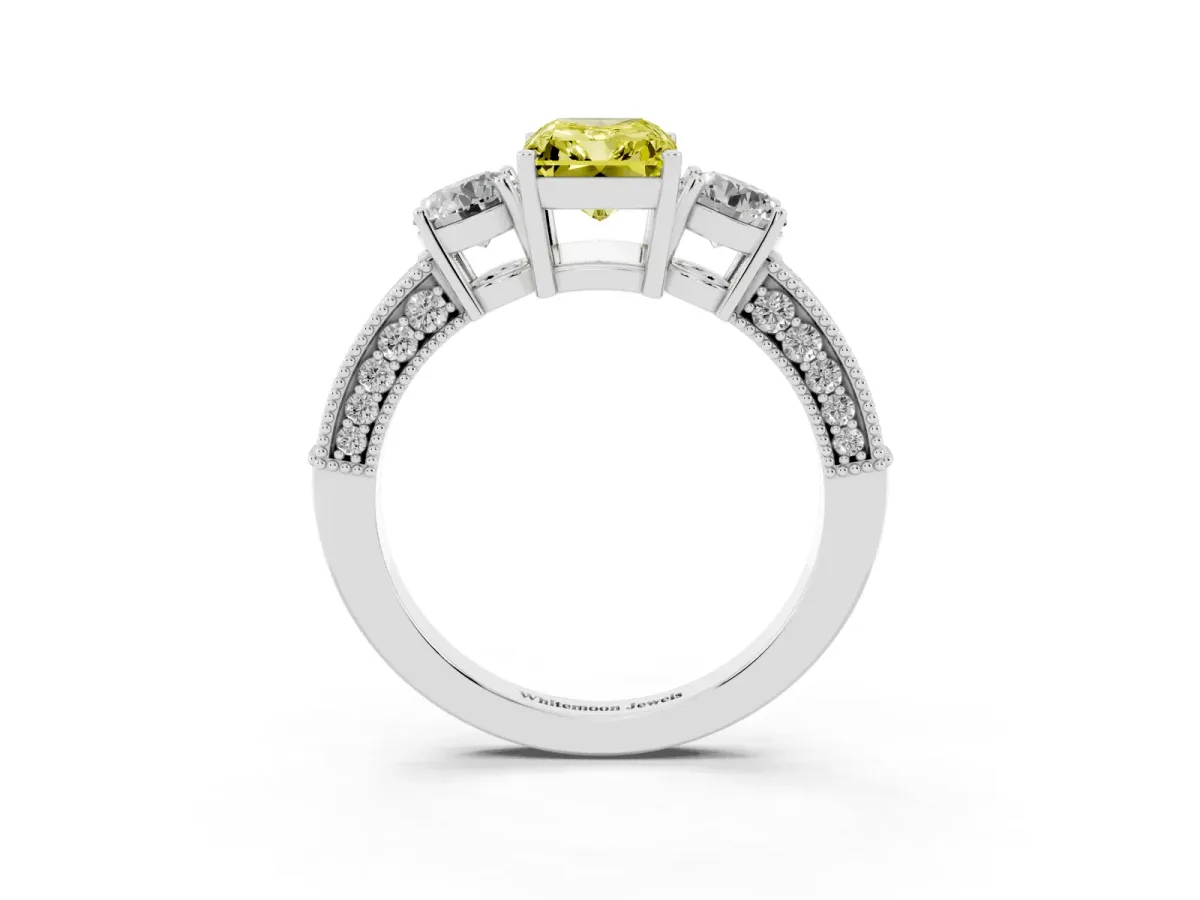 Fancy Yellow Radiant Cut Three-Stone Diamond Ring with Pavé Band and Four-Prong Setting Silver