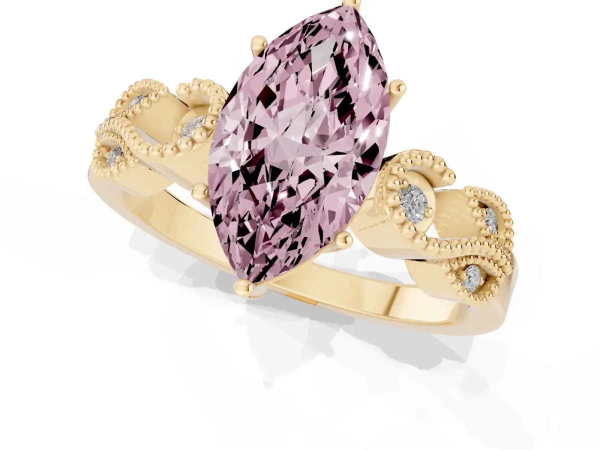 Fancy Pink Marquise Cut Solitaire Milgrain Leaf Band with Prong Setting Yellow gold
