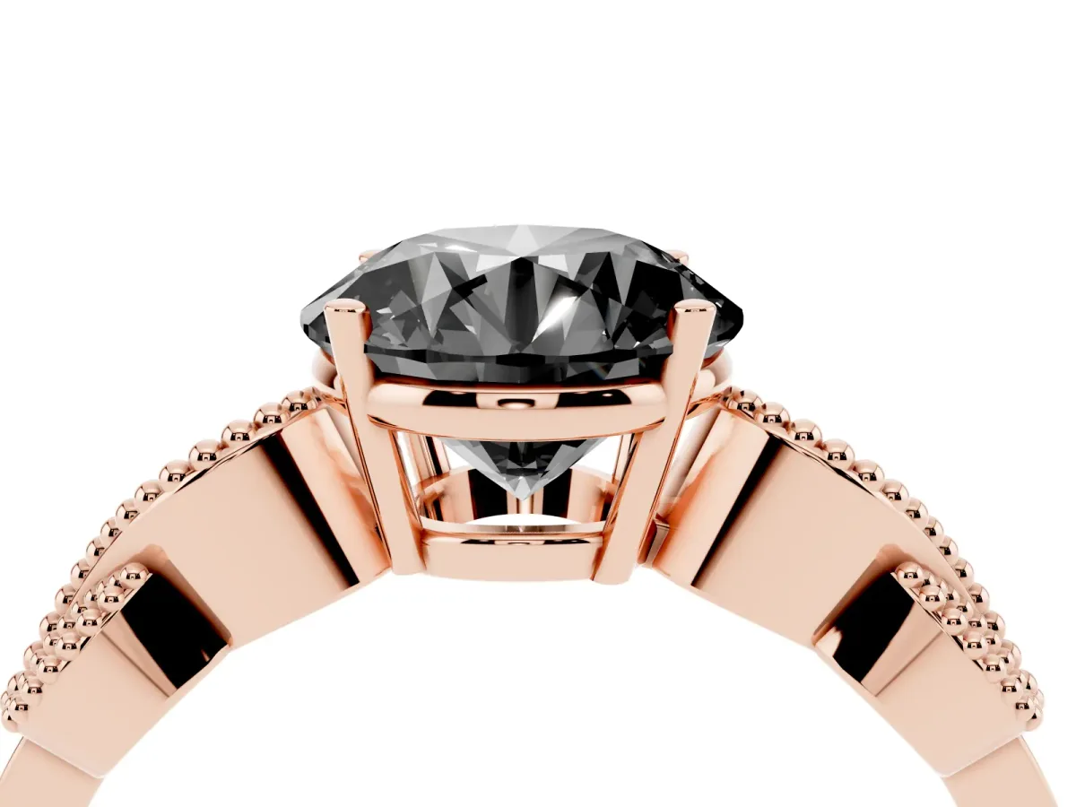 Fancy Black Round Cut Solitaire Milgrain Leaf Band with Prong Setting Rose gold